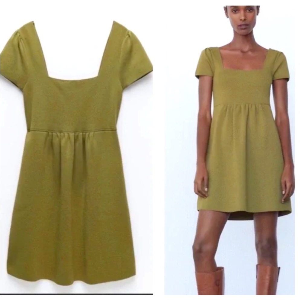 Zara Green Stretchy Knit Square Neck Skater Mini Dress NWT